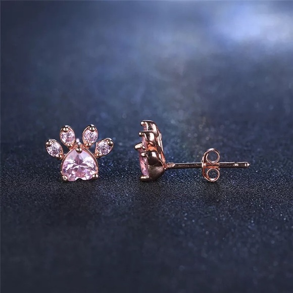 Rose Gold Pink CZ Paw Print Stud Earrings - Picture 5 of 7